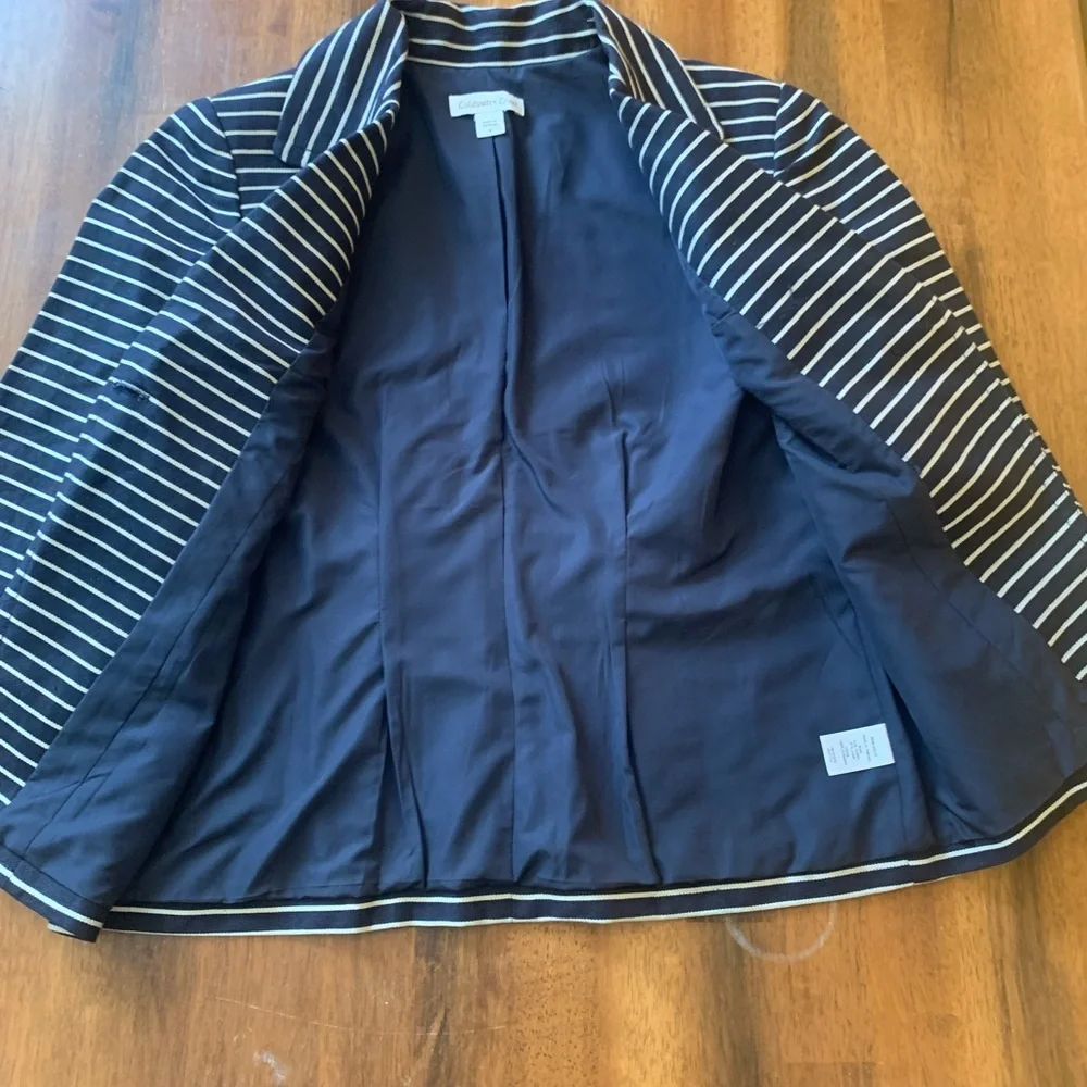 Coldwater Creek Blazer 8 Navy White Stripes 3/4 Sleeves One Button Jacket